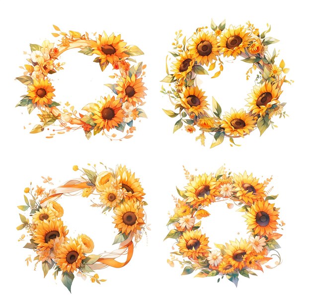 Set of watercolor sunflower wreathes For invitations and cards Generative AI