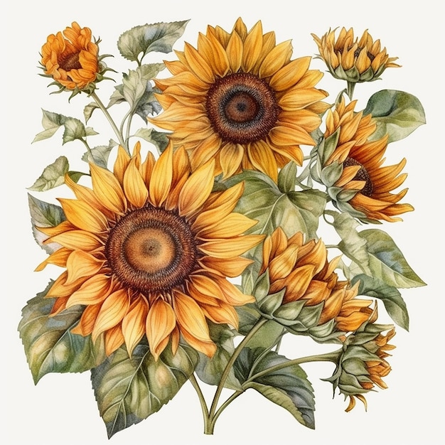 set of watercolor sunflowers on a white background