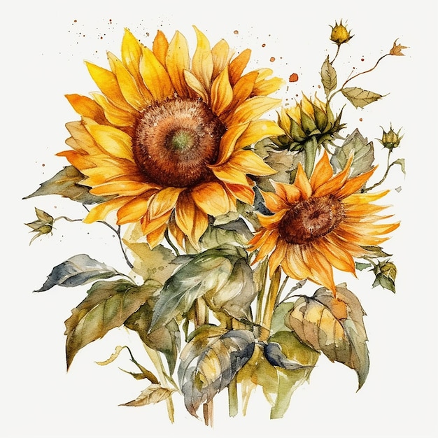 set of watercolor sunflowers on a white background