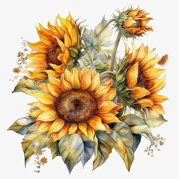 set of watercolor sunflowers on a white background