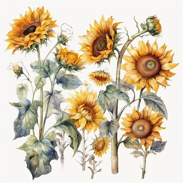 Set of watercolor sunflowers on a white background