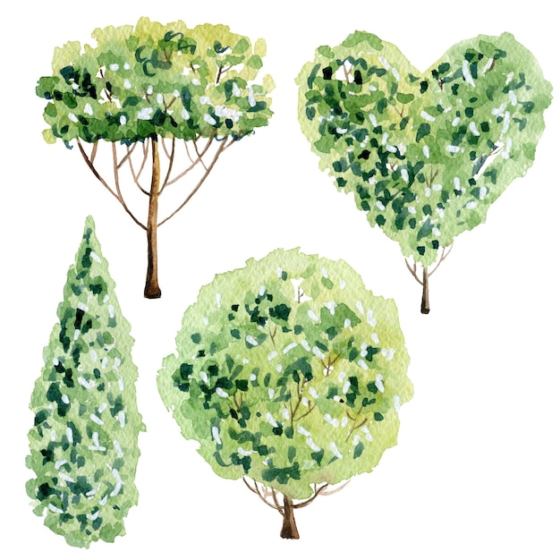 Set of watercolor trees hand drawn illustration