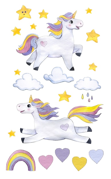 Impostare gli unicorni dell'acquerello con nuvole, stelle, arcobaleno