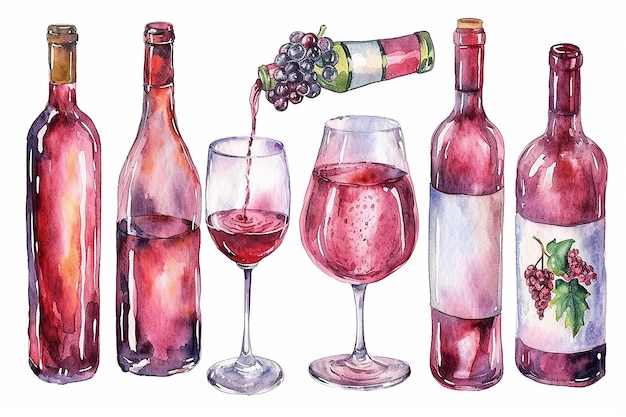 Set of watercolor wines bottle and glasses vector illustration