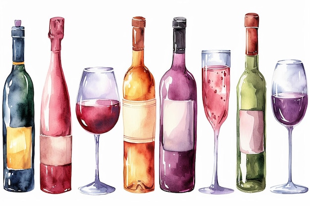 水彩のワインのボトルとグラスのベクトルイラストのセット