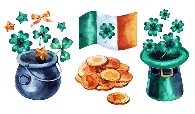 Set waterverfelementen voor St. Patrick's Day geïsoleerd op witte achtergrond Traditionele feestattributen Cartoon tekens voor het ontwerp van Ierse kaartjes en banners Decoratieve afbeeldingen