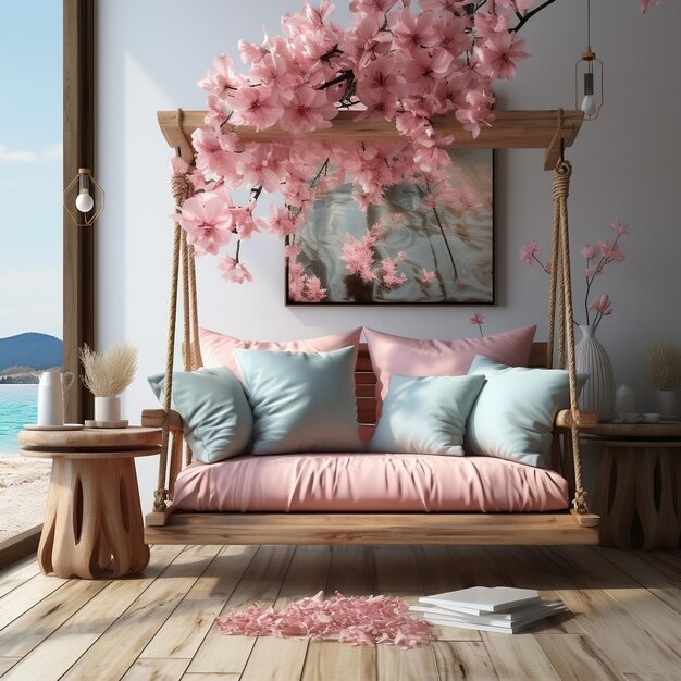 Set of wedding swing surrounded by pink lilies on a beach