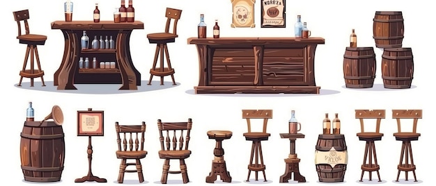 A set of western bar furniture isolated on a white background A comical illustration featuring an old wooden pub counter shelf chairs table alcohol bottles a wanted criminal poster and a