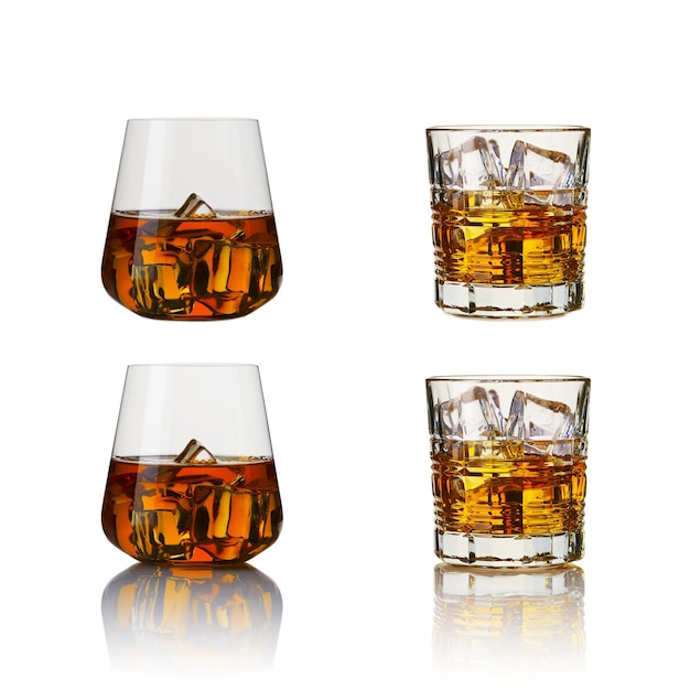 Set of whiskey glasses collage glasses of whiskey on white background