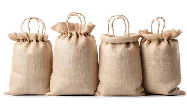 The set of White Bags of burlap isolated on white background