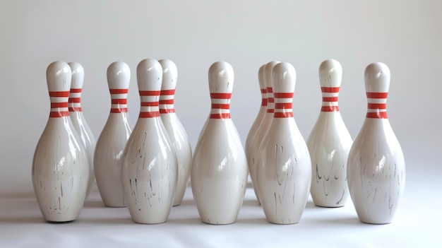 Set of White Bowling Pins with Red Stripes