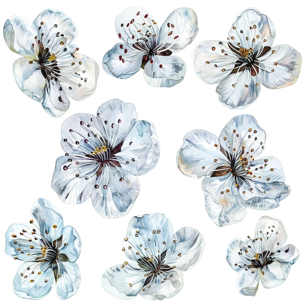 set of white cherry flowers watercolor drawing sketch on white background