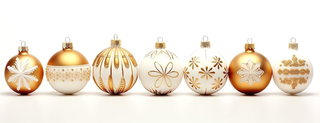 Set of white Christmas baubles with golden ornament Xmas balls collection