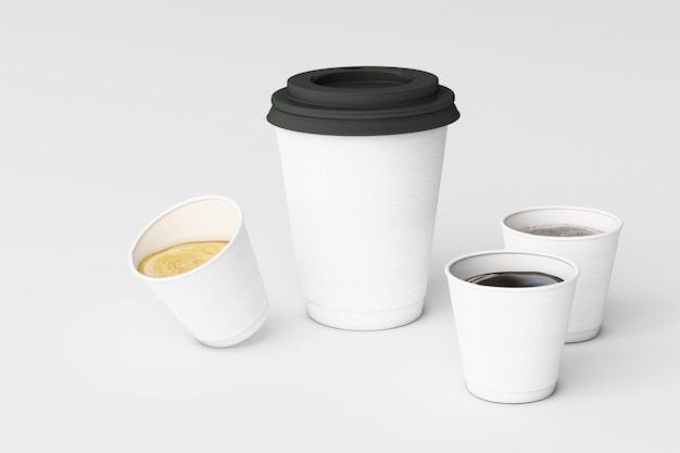 Photo set of white coffee cups on white background 3d rendering