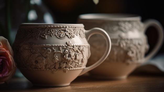 A set of white cups with a floral pattern on the front.