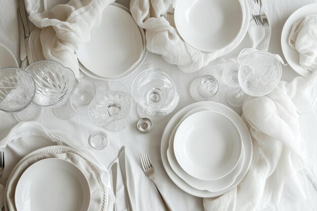 A set of white glassware Table setting top view