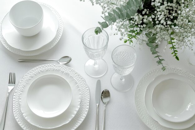 A set of white glassware Table setting top view