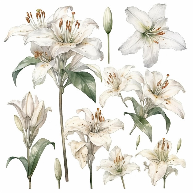 A set of white lilies with green leaves