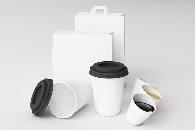 Photo set of white paper shopping bag and coffee cups on white background 3d rendering