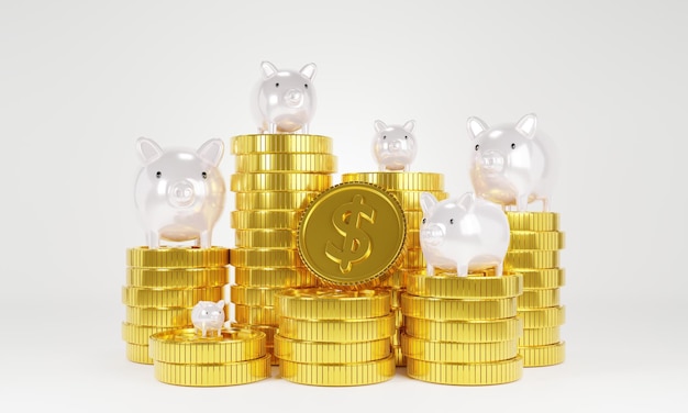 set of white piggy bank and gold coins design concept of safe accumulation of capital or financial