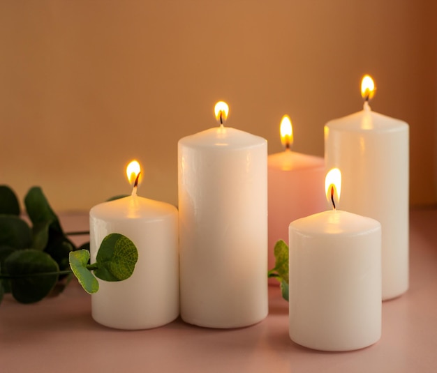 Set of white and pink burning wax candles with green leaves