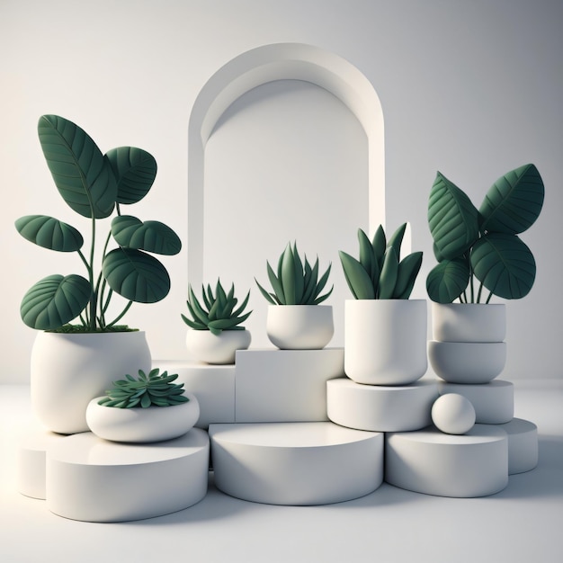 A set of white planters with a white arch in the background.