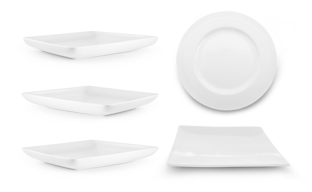 Set of white plates on white background