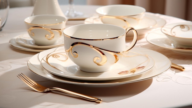 set of white porcelain cups with gold