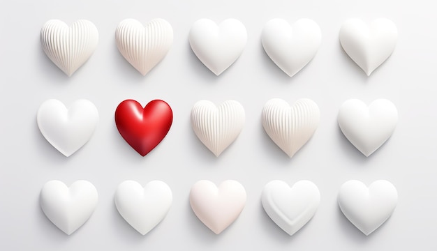 Set of white and red hearts with abstract shapes AI generated