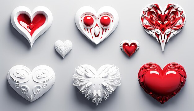 Set of white and red hearts with abstract shapes AI generated