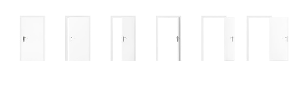 Photo set of white room door in different views from closed to opened on a white background. 3d rendering