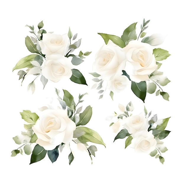 Set of white roses with green leaves isolated on white background Vector illustration