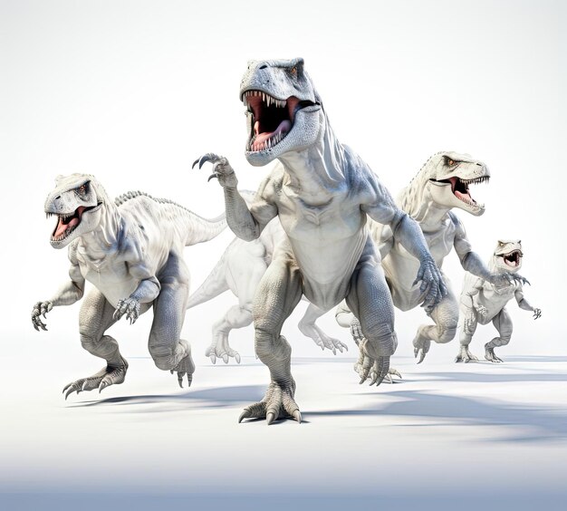 a set of white trex dinosaurs in various poses in the style of realistic anamorphic art