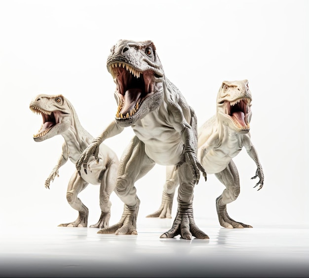 Photo a set of white trex dinosaurs in various poses in the style of realistic anamorphic art