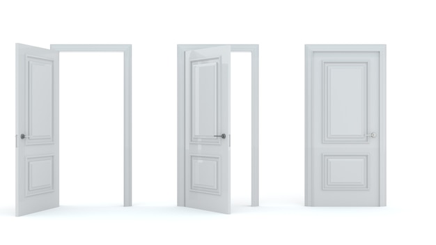 開くさまざまな段階での白い木製のドアのセット