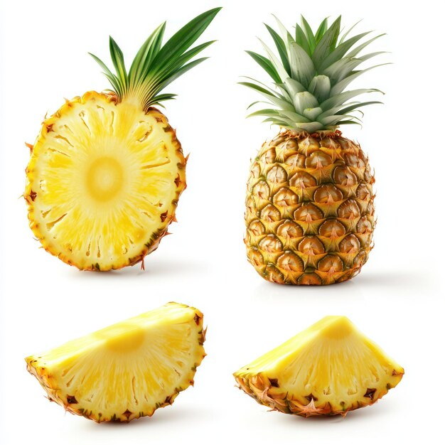 set of whole pineapple half and slice with leaf in the air isolated on transparency background