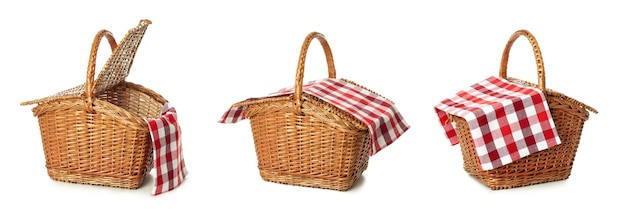 Photo set of wicker basket isolated on white background
