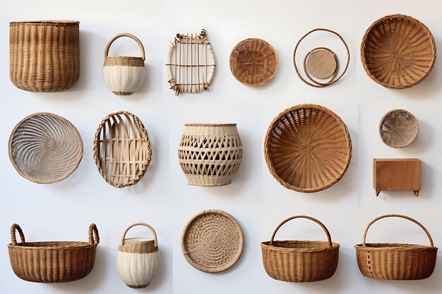 Photo set of wicker baskets on white background 3d illustration