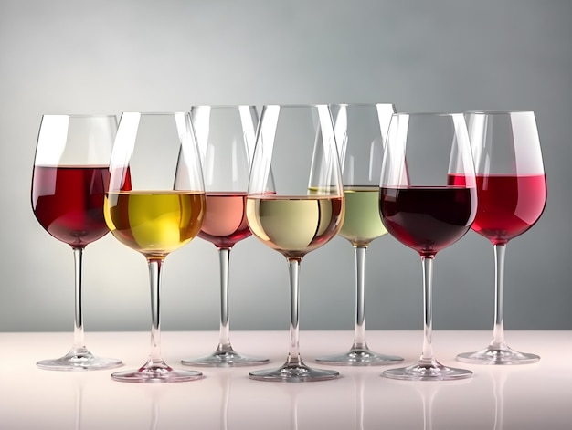 Set wijnglazen met verschillende wijnen geïsoleerd op lichtgrijze achtergrond wijn degustatie concept