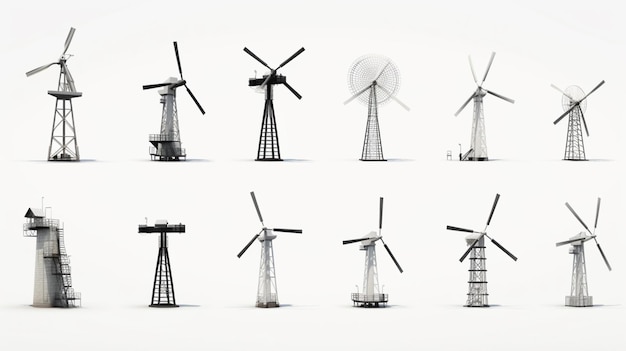 Foto set windmolens geïsoleerd op witte achtergrond ai generatief