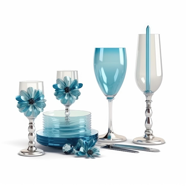 A set of wine glasses, one with a blue flower on it, and a glass of wine.