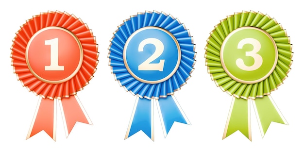 Set of winning awards medals or badges with ribbons 3D rendering