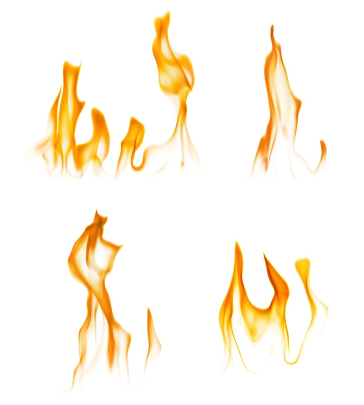 Photo set with beautiful bright fire flames on white background
