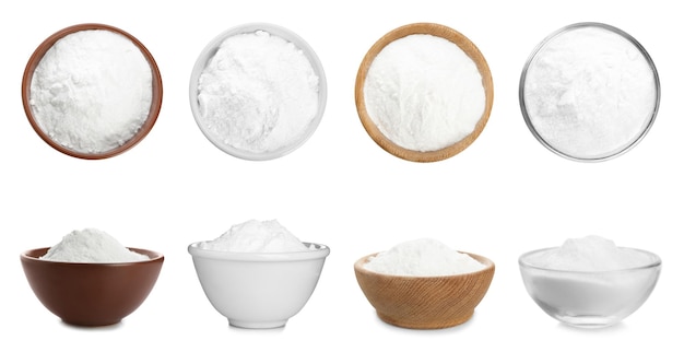 Set with bowls of baking soda on white background Banner design