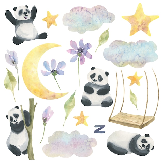 A set with cute cartoon pandas swings moon stars clouds and delicate abstract purple flowers Children's watercolor illustration isolated objects on a white background For decoration design