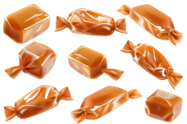 Set with delicious caramel candies on white background Banner design