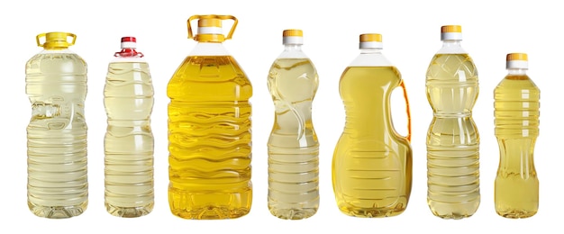 Set with different bottles of cooking oils on white background Banner design