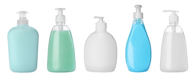 Набор с различными бутылками жидкого мыла на белом фоне Дизайн баннера