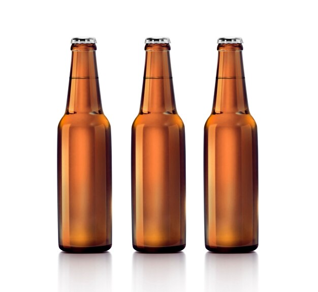 Set with different cold beer bottles on white background 3d render