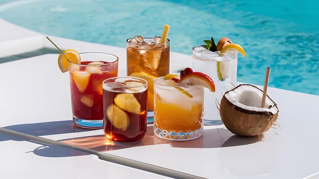 Photo set with different refreshing summer beverages on white background